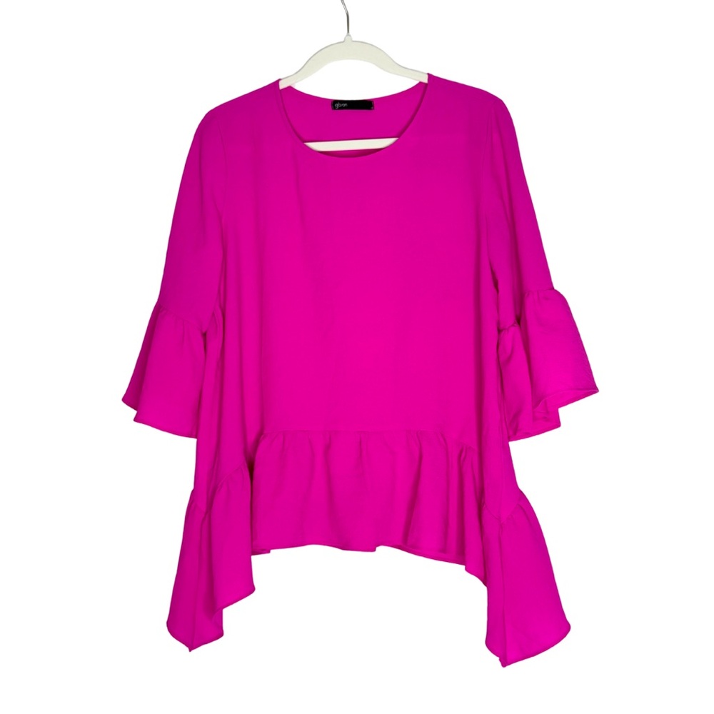 Gibson Hot Pink Ruffle Hem Bell Sleeve Blouse | Size Medium